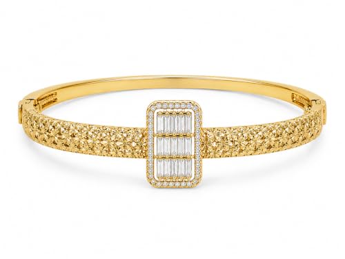 Diva Charm Gold Crystal Bangle Bracelet for Women, Stainless Steel Hinged Cuff Bracelet with Baguette Cubic Zirconia, Elegant Statement Jewellery