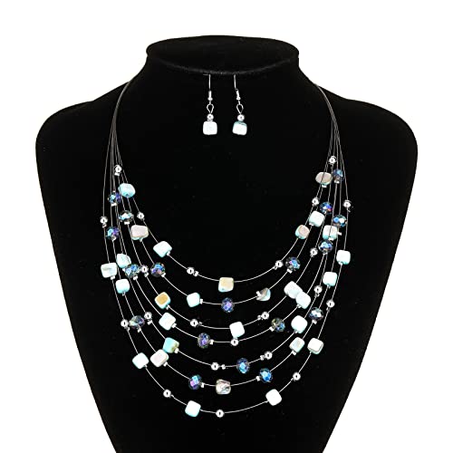 Multi-Layer Boho Shell Beaded Necklace for Women Colorful Crystal Strand with Silver Beads Statement Collars Necklace and Earrings Costumes Jewelry Sets for Women - color: Turquoise