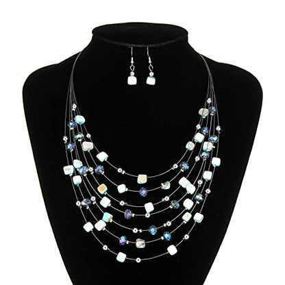 Multi-Layer Boho Shell Beaded Necklace for Women Colorful Crystal Strand with Silver Beads Statement Collars Necklace and Earrings Costumes Jewelry Sets for Women - color: Turquoise