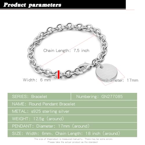 Dankadi Women 925 Sterling Silver Round Cable Wire Link Bracelet Charm Heart-Bell-Square-Circle Pendant Chain Bangle Fine Jewelry Gift For Wife Her - color: 6MM Silver Round Pendant, size: 5.9 in