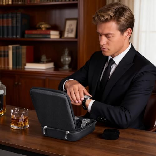 ProCase 6-Slot Travel Watch Case for Men, Hard Shell Storage Box -Black | Travel Watch Box for Watch Bracelet Accessories, Zippered Organizer Bag Fathers Day Gift for Dad - size: 6 Slots