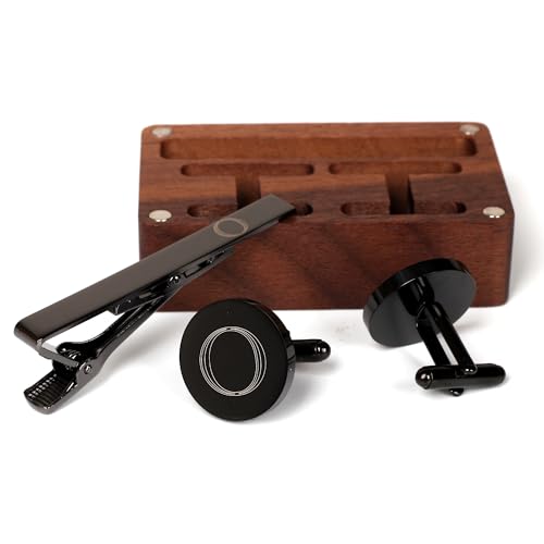Mens Initial Cufflinks and Tie Clip A-Z Alphabet Letter Black Stainless Cuff Links Tie Bar with Engraved Walnut Wood Box Groom Groomsman Wedding Set - style: Classic-O