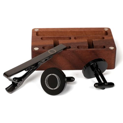 Mens Initial Cufflinks and Tie Clip A-Z Alphabet Letter Black Stainless Cuff Links Tie Bar with Engraved Walnut Wood Box Groom Groomsman Wedding Set - style: Classic-O