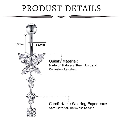 Mayhoop 14G Belly Button Rings 316L Surgical Stainless Steel Dangle Clicker Belly Ring Dangling Piercing Jewelry With Heart Flower Butterfly Silver Gold Tone For Women - color: 3pcs-silver