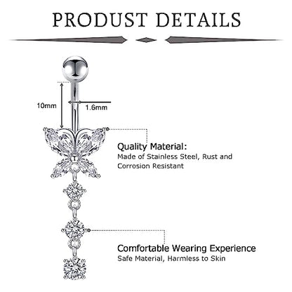 Mayhoop 14G Belly Button Rings 316L Surgical Stainless Steel Dangle Clicker Belly Ring Dangling Piercing Jewelry With Heart Flower Butterfly Silver Gold Tone For Women - color: 3pcs-silver