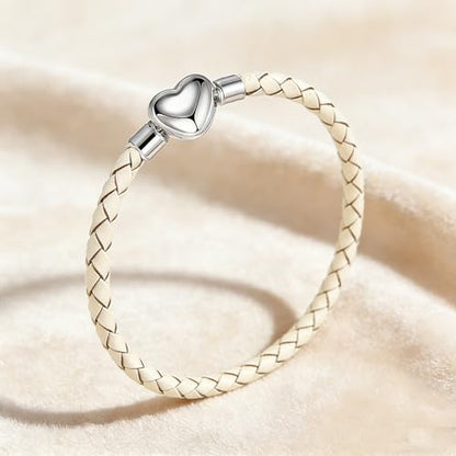 GMXLin Leather Charm Bracelet Heart Snap Clasp Clip Lock Handmade Braided Wristband Compatible with Women Pandora Charm Bead - color: White