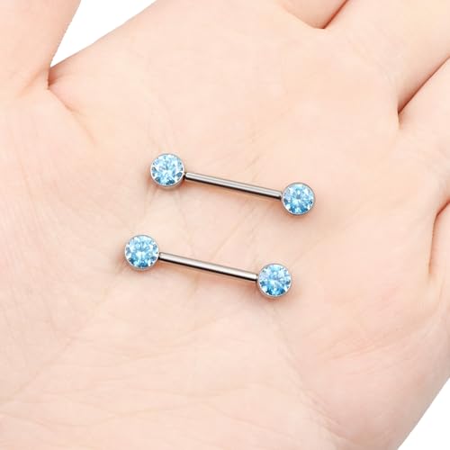 14G ASTM F136 Titanium Nipple Piercing Jewelry Round CZ Nipple Barbell Jewelry Internally Threaded G23 Solid Titanium Nipple Piercing Barbell Ring Jewelry for Women Men 14 Gauge - style: Sea Blue CZ