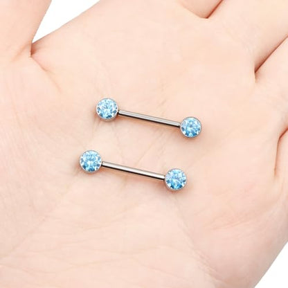 14G ASTM F136 Titanium Nipple Piercing Jewelry Round CZ Nipple Barbell Jewelry Internally Threaded G23 Solid Titanium Nipple Piercing Barbell Ring Jewelry for Women Men 14 Gauge - style: Sea Blue CZ