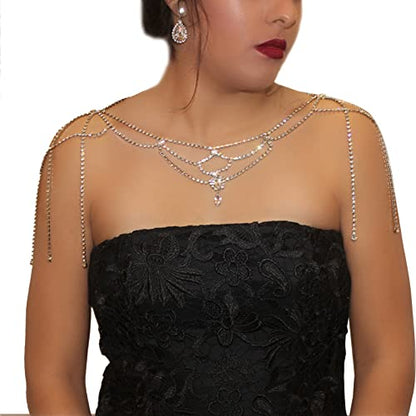 Rhinestone Tassel Wedding Backdrop Chain - Crystal Flower Shoulder Chain Necklace - Bridal Multi-Layered Body Chain Jewelry for Women - color: Shoulder Chain-silver