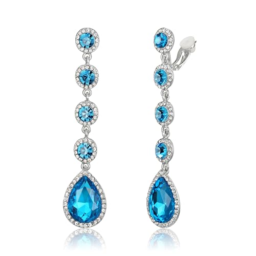 EleQueen Women's Wedding Crystal Teardrop Pear Shape 3 Inch Clip on Long Dangle Earrings for Bride Bridesmaid, Jewelry for Party Prom/Anniversary - color: Light Blue Silver-Tone