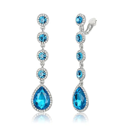 EleQueen Women's Wedding Crystal Teardrop Pear Shape 3 Inch Clip on Long Dangle Earrings for Bride Bridesmaid, Jewelry for Party Prom/Anniversary - color: Light Blue Silver-Tone