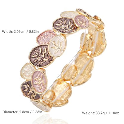 LUREME Oval Enamel Leaf Bracelet, Earth Tone & Jade Green Stretch Cuff, 3D Gold Branch Design, Elastic Bangle for Women, Nature-Inspired Jewelry(bl003693) - color: Brown & Blush Earth Tones
