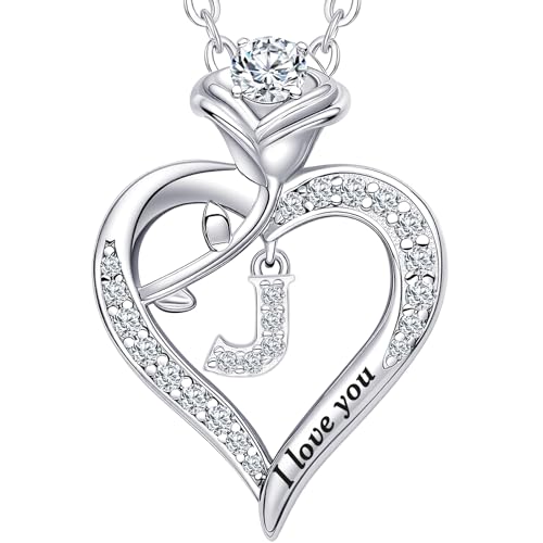 Rose Heart Pendant Necklace Gifts for Wife, Engraved 'I love you' Gift for Wife Girlfriend, Anniversary Birthday Eternity Jewelry Present for Women, Moissanite Necklace Gift for Her - style: J