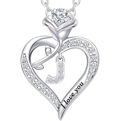 Rose Heart Pendant Necklace Gifts for Wife, Engraved 'I love you' Gift for Wife Girlfriend, Anniversary Birthday Eternity Jewelry Present for Women, Moissanite Necklace Gift for Her - style: J