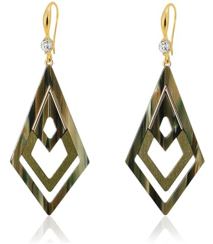 Ozel - Natural Wooden Acrylic Boho Drop Dangle Earrings for Women - Geometric Statement Jewellery - Brown, Black, Magent Red, Olive Green, White beige - color: Diamond_Olive