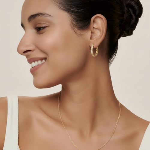 Gold Hoop Earrings 14K Gold Earring for Women Twisted Design with Sculpted Texture Hoops Earring for Womens Minimalist Huggie Earring Jewelry Gifts 25mm