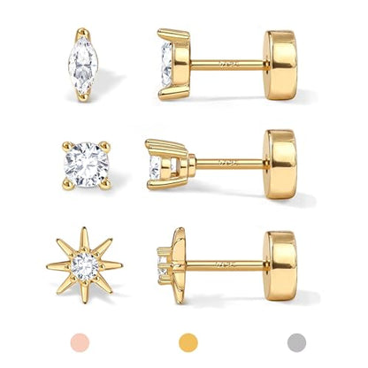 14K Gold Plated 925 Sterling Silver Flat Back Earrings Set | Hypoallergenic Cartilage Helix Conch Tragus Piercing Jewelry 3 Pairs Small Screw Dainty CZ Opal Earring Set Men Women - color: Gold, Style B