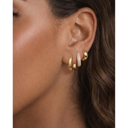 3 Pairs Chunky Small Hoops Set Huggie Earring Stack | Non Tarnish Hypoallergenic 925 Silver Square Earrings Waterproof Cubic Zirconia Hoop Earrings Chunky Gold Small Hoops - color: Gold