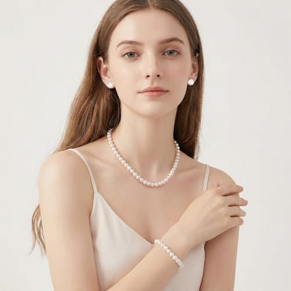 3Pcs White Faux Pearl Jewelry Set for Women – Pearl Necklace Earrings Bracelet Set for Wedding Bridal Birthday Tea Party Gift