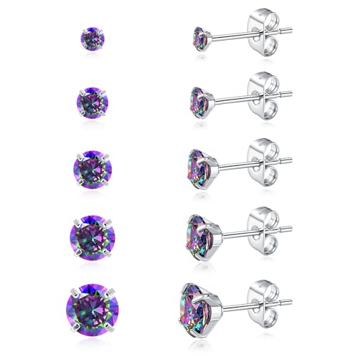 5 Pairs Stud Earrings for Women, Hypoallergenic Cubic Zirconia Silver Black 316L Surgical Stainless Steel Rainbow CZ Earrings Set 3-7mm - color: 5 Pairs Silver+Rainbow CZ