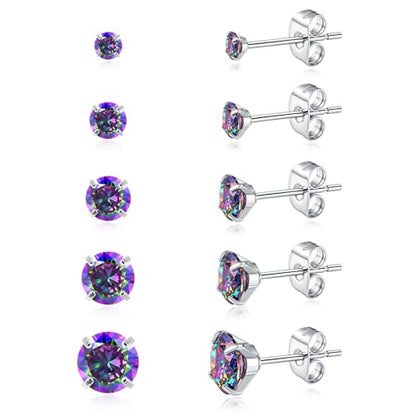 5 Pairs Stud Earrings for Women, Hypoallergenic Cubic Zirconia Silver Black 316L Surgical Stainless Steel Rainbow CZ Earrings Set 3-7mm - color: 5 Pairs Silver+Rainbow CZ