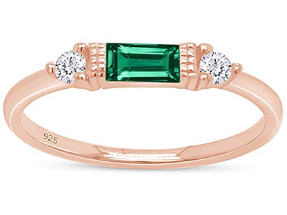 3 Stone Stackable Ring for Women with Birthstone And White Cubic Zircionia | Dainty Minimalist Ring In 14K Gold Over Sterling Silver - color: Rose Gold : Simulated Emerald