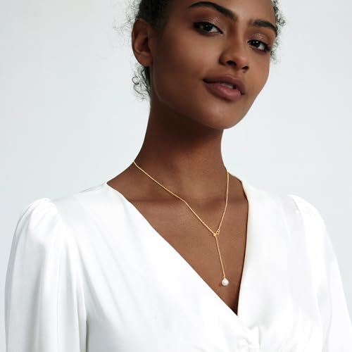Zeffy Gold Pearl Necklace for Women, Dainty 14K Gold/Silve Plated Layered Pearl Choker Pearl Earrings Pearl Bracelets Wedding Trendy Gold Jewelry Set for Women Gifts - style: Gold Pearl Y Necklace-1PCS