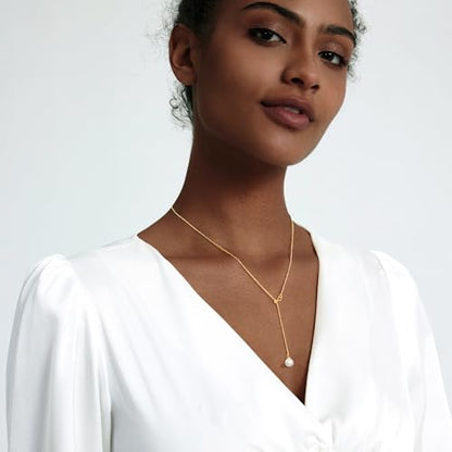 Zeffy Gold Pearl Necklace for Women, Dainty 14K Gold/Silve Plated Layered Pearl Choker Pearl Earrings Pearl Bracelets Wedding Trendy Gold Jewelry Set for Women Gifts - style: Gold Pearl Y Necklace-1PCS