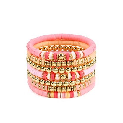 Elegance 11 designs Heishi Beaded Bracelets For Women Polymer Clay Colorful Surfer Stackable Beads Boho Bracelet Summer Beach Jewelry - color: Pink