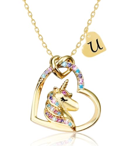 Girl Teen Initial Unicorn Necklace Gift Children Girl Jewelry Gift | Valentine's Day-Unicorn necklace for girls daughters and granddaughters gold CZ heart-shaped colored necklace birthday gift - style: U