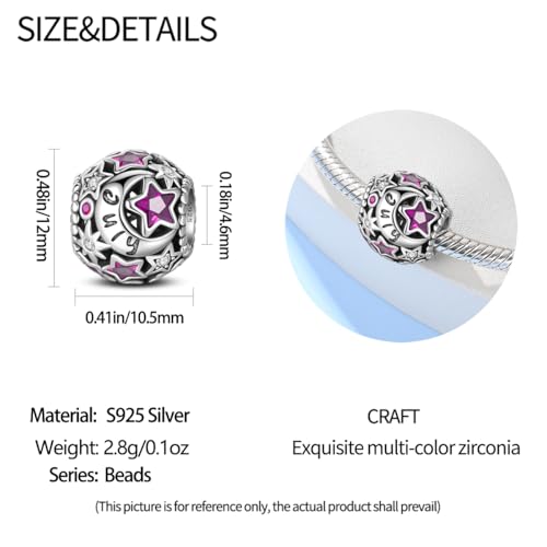 Star Moon 925 Sterling Silver Birthstone Charm for Bracelet Women Jewelry - color: July