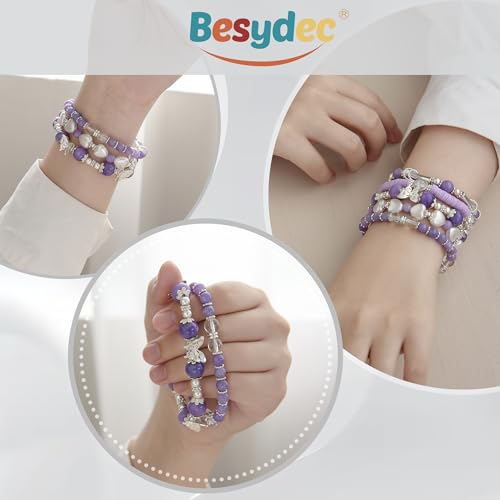 Besydec Stackable Boho Beaded Bracelets With Natural Stone & Pearl Heart & Clay Beads for Women,Adjustable Silver Jewelry - color: Purple