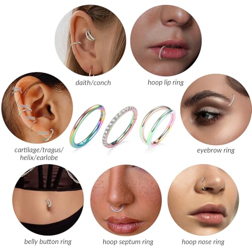 FUNLMO 3Pcs Nose Rings Double Hoop Nose Ring Conch Daith Tragus Helix Rook Piercing Jewelry Surgical Steel Cartilage Earring Conch Hoop Earring Septum Jewelry Lip Ring - color: Style 1: Rainbow