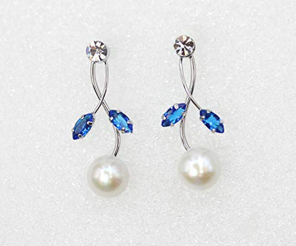 Faship Genuine Freshwater Pearls Floral Necklace Earrings Set | Premium CZ Crystal, Gorgeous, Sparkling - color: Blue