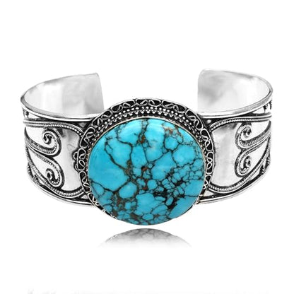 Silver Plated Statement Cuff Bangle Bracelet for Women – Handcrafted Wide Boho Bracelet with Natural Stone Inlay (Abalone Shell, Blue Turquoise, Malachite) Ideal Gift For Birthday Anniversaries Adjustable Fashion Jewelry - color: Round Shape Turquoise