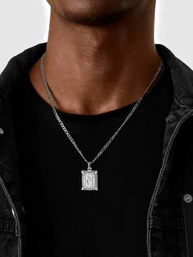 U7 Initial Letter Necklace for Men Women, 14K Gold/Silver Plated Square Capital Monogram Pendant Necklace from A-Z with 22+2 Inch Figaro Chain, Personalized Jewelry for Him - color: Silver, style: N