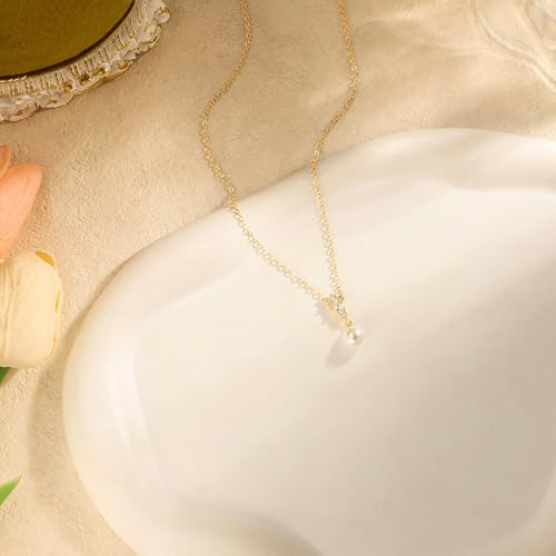 Pearl Necklaces for Women,Dainty Gold Pendant Necklaces Waterproof Jewelry | 14K Gold Plated Pearl Necklaces,Dainty Elegant Wedding Necklace,Small Cute Adjustable Minimalist Necklace,Non Tarnish Jewelry - color: GOLD-16