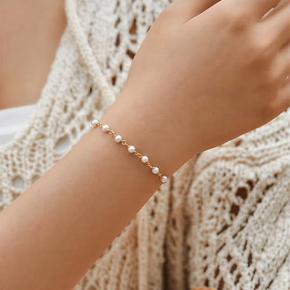 Gold Pearl Bracelet for Women, 18K Gold Plated Dainty Pearls Beaded Chain Bracelet Jewelry Gifts for Women - color: B-Gold 2
