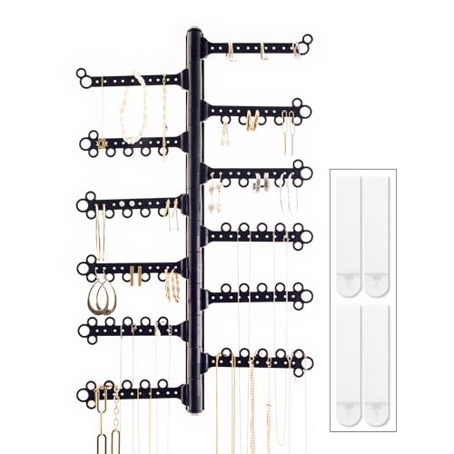 12-Tier Hanging Wall Jewelry Organizer, Earring,Necklace,Ring Holder-Black | Large Capacity with 120 Earring Holes, Rotating Branches, genuine 3M Command Strips, Bracelet, Ring & Necklace Storage - color: Black 12-Tier