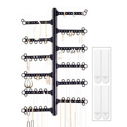 12-Tier Hanging Wall Jewelry Organizer, Earring,Necklace,Ring Holder-Black | Large Capacity with 120 Earring Holes, Rotating Branches, genuine 3M Command Strips, Bracelet, Ring & Necklace Storage - color: Black 12-Tier