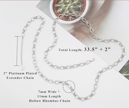 Aobei Pearl 18K Gold or Platinum Long Chain Necklace for Women Chunky Statement Chain Link Necklace Adjustable Geometric Open Chain Layering Jewelry - color: Platinum Oval Chain