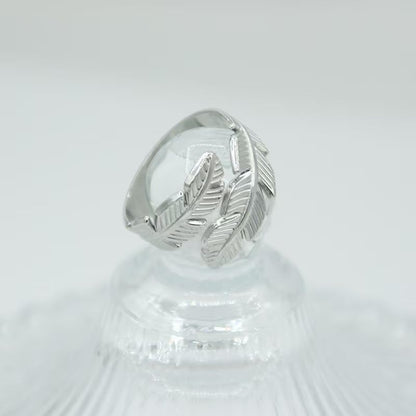 Adjustable Stainless Steel Feather Leaf Ring for Women Men - color: Silver