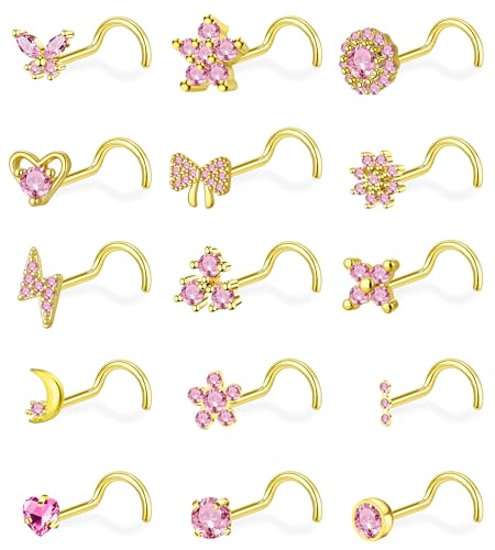 Gold L Shaped Corkscrew Nose Rings for Women 20G Nose Piercings Heart Butterfly Flower Bow Moon Nose Studs Stainless Steel Nose Piercing Jewelry - color: Gold Tone Pink CZ Corkscrew