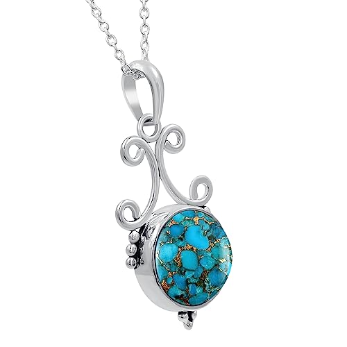Natural Round Gemstone Pendant Necklace for Women, 925 Sterling Silver | Solitaire Birthstone Jewelry With 18 Inch Chain, Handmade Semi Precious Stone Pendant, Jewelry Gift for Mom, Wife & Sister - color: Blue Copper Turquoise