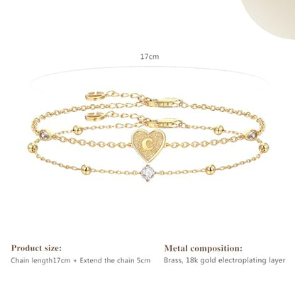 Cicy Bell Gold Heart Initial Bracelets for Women Gifts Dainty 18K Gold Plated Cubic Zirconia Personalized A-Z Name Chain Link Charm Bracelet Non Tarnish Birthday Jewelry Gifts for Her - color: Style 1-C-Gold