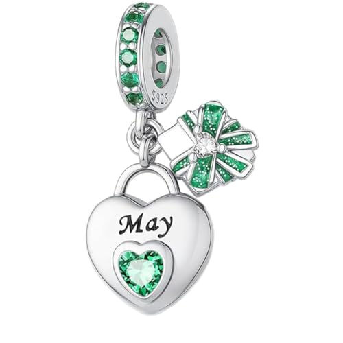 Love Heart Birthstone Dangle Charms Compatible with Pandora Bracelets | 925 Sterling Silver 5A Cubic Zirconia Mother's Day Christmas Birthday Birthstone Gifts Bead Charm Pendants Women Jewelry - color: May Dangle Birthstone Charms