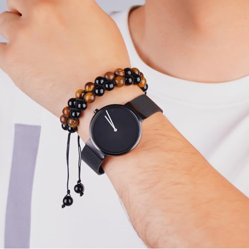 Triple Protection Bracelet,Bracelets for Men Women, Natural Tiger Eye Jewelry Stone Hematite and Blue Stone Hematite 8mm Crystal Bracelet - Adjustable Size with Premium Gift-Box - color: Brown-Black