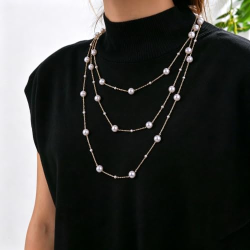Long Layered Pearl Necklace for Women Big Large Beaded Statement Charm Necklace,Strand Multiple Strand Pearl Choker, Shirt & Sweater Wedding Party Jewelry Gifts - color: Pearl-Three