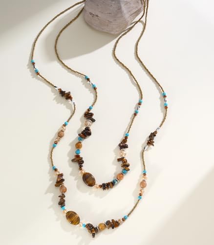 Noessla Boho Long Beaded Necklaces for Women Double Layer Chunky Irregular Stone Beads Strand Statement Jewelry Mothers Day Gifts - color: Brown