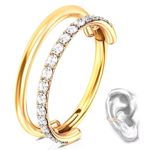 G23 Titanium Conch Piercing Jewelry Hoop: 16G 8mm/10mm/12mm Diamond Cartilage Earring Helix Double Piercing Hoop Septum Rings Hypoallergenic Nose Rings Hinged Segment Clicker Lip Rings Rook Daith Tragus Earrings - color: Gold-Double Layers, One Row CZ